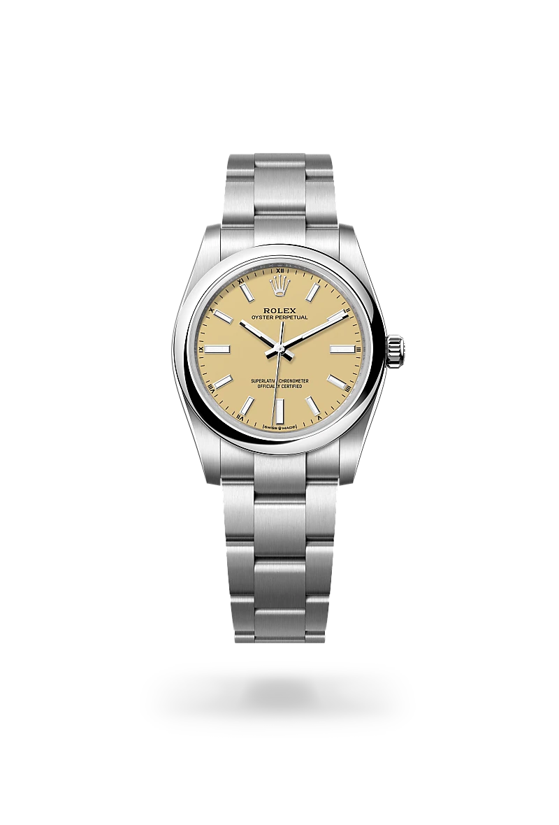Rolex Oyster Perpetual stainless steel watch with beige dial and silver bracelet. | Brela