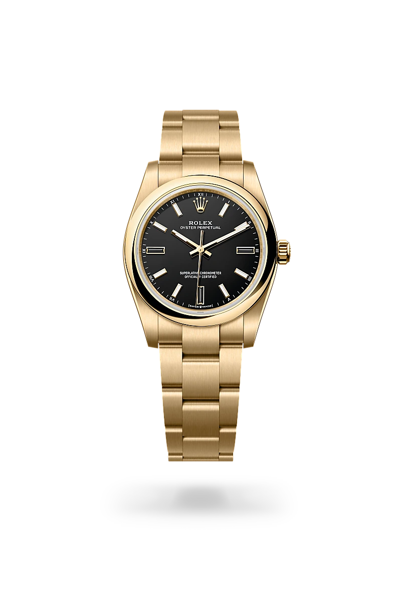 m124208-0001-upright-landscape | Brela Gold Rolex Oyster Perpetual wristwatch with black dial and gold bracelet on black background | Brela