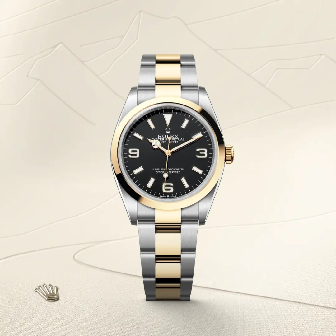 m124273-0001-slide1 | Brela Two-tone Rolex watch with black dial and gold-centred bracelet, displayed against a light backdrop, model Explorer. | Brela