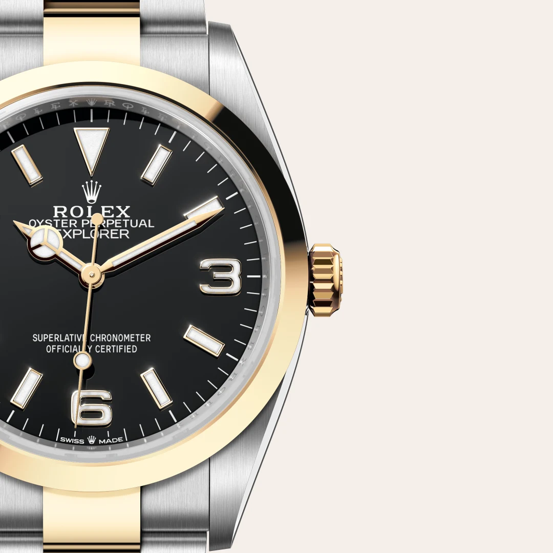 m124273-0001-slide3 | Brela Close-up of a Rolex Explorer watch: black dial, gold bezel, and two-tone steel and gold bracelet. | Brela
