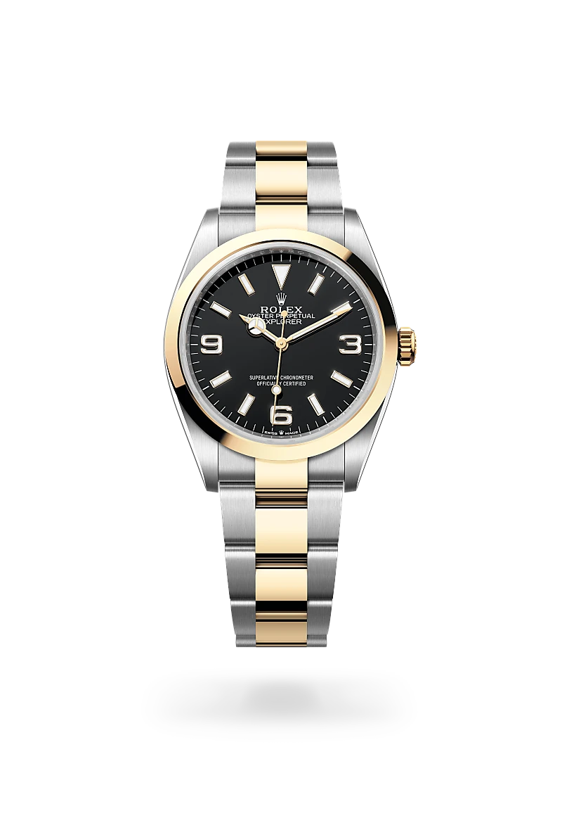 m124273-0001-upright-landscape | Brela Two-tone Rolex Explorer watch with black dial, gold bezel and stainless steel and gold bracelet. | Brela