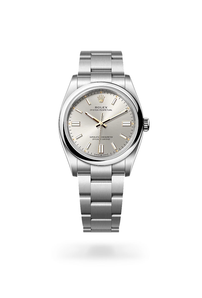 Rolex Oyster Perpetual stainless steel wristwatch with a light dial and gold hour markers used as a premium timepiece image | Brela