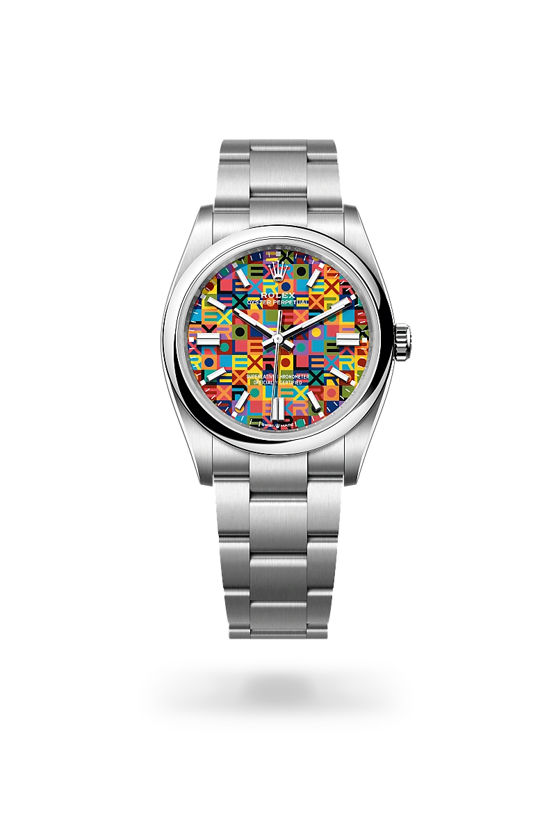 m126000-0016-upright-landscape | Brela Rolex Oyster Perpetual watch in stainless steel with a bright, multicolored dial against a black background. | Brela