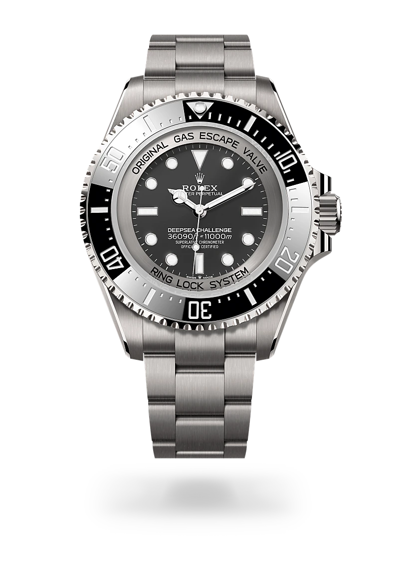 m126067-0002-upright-landscape | Brela Stainless steel Rolex dive watch with a black dial, rotating bezel, and metal bracelet. | Brela