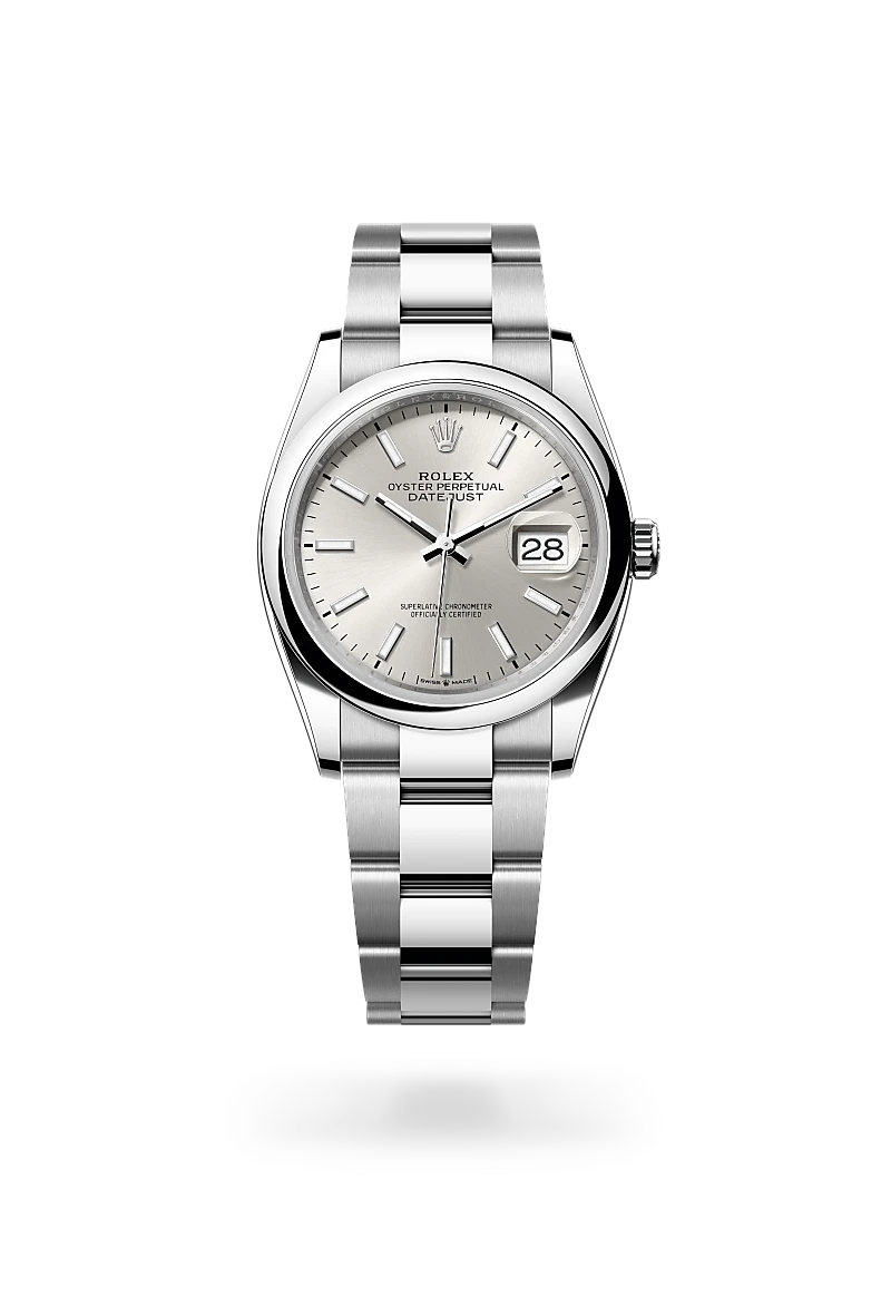 Rolex Oyster Perpetual Datejust stainless steel watch with silver dial and date window showing 28. | Brela