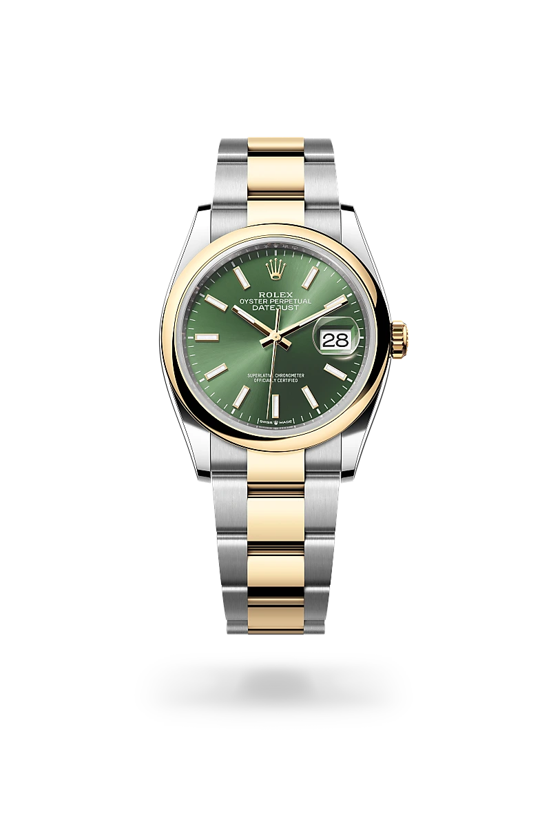 Two-tone Rolex Datejust watch with green dial and date window, stainless steel and yellow gold bracelet | Brela
