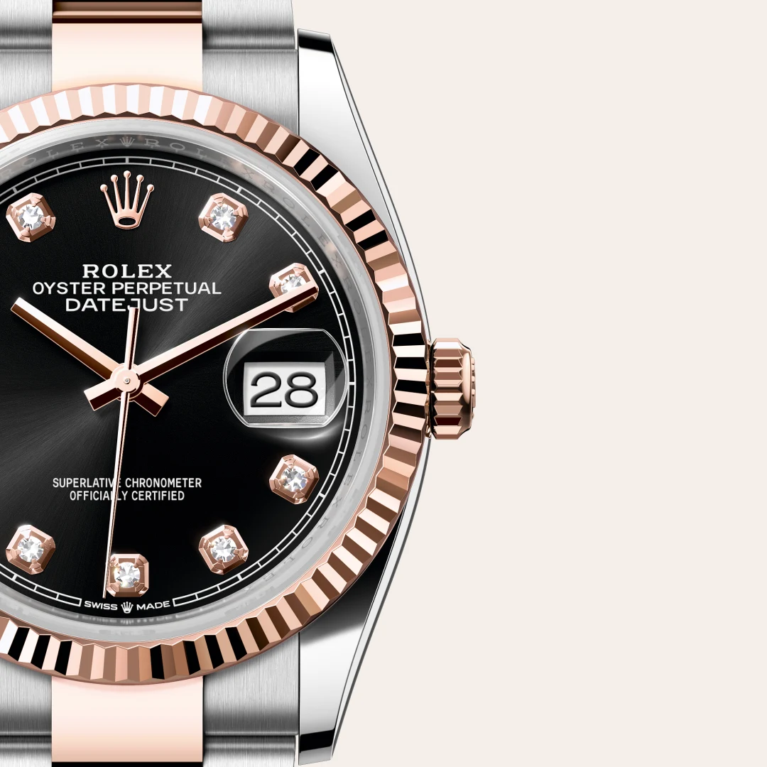 Luxury Rolex Datejust watch with black dial, rose-gold bezel and diamond hour markers on a two-tone bracelet | Brela