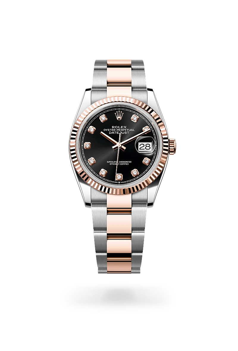 Rolex Oyster Perpetual Datejust two-tone steel and rose gold watch with a black dial and diamond hour markers, date at 3 o'clock, on a black background. | Brela