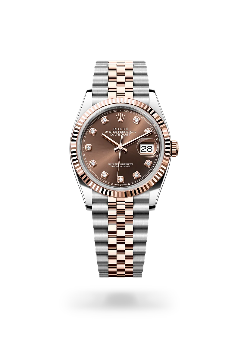 Rolex Oyster Perpetual Datejust watch with a brown dial, diamond hour markers, and a two-tone steel and rose gold bracelet. | Brela