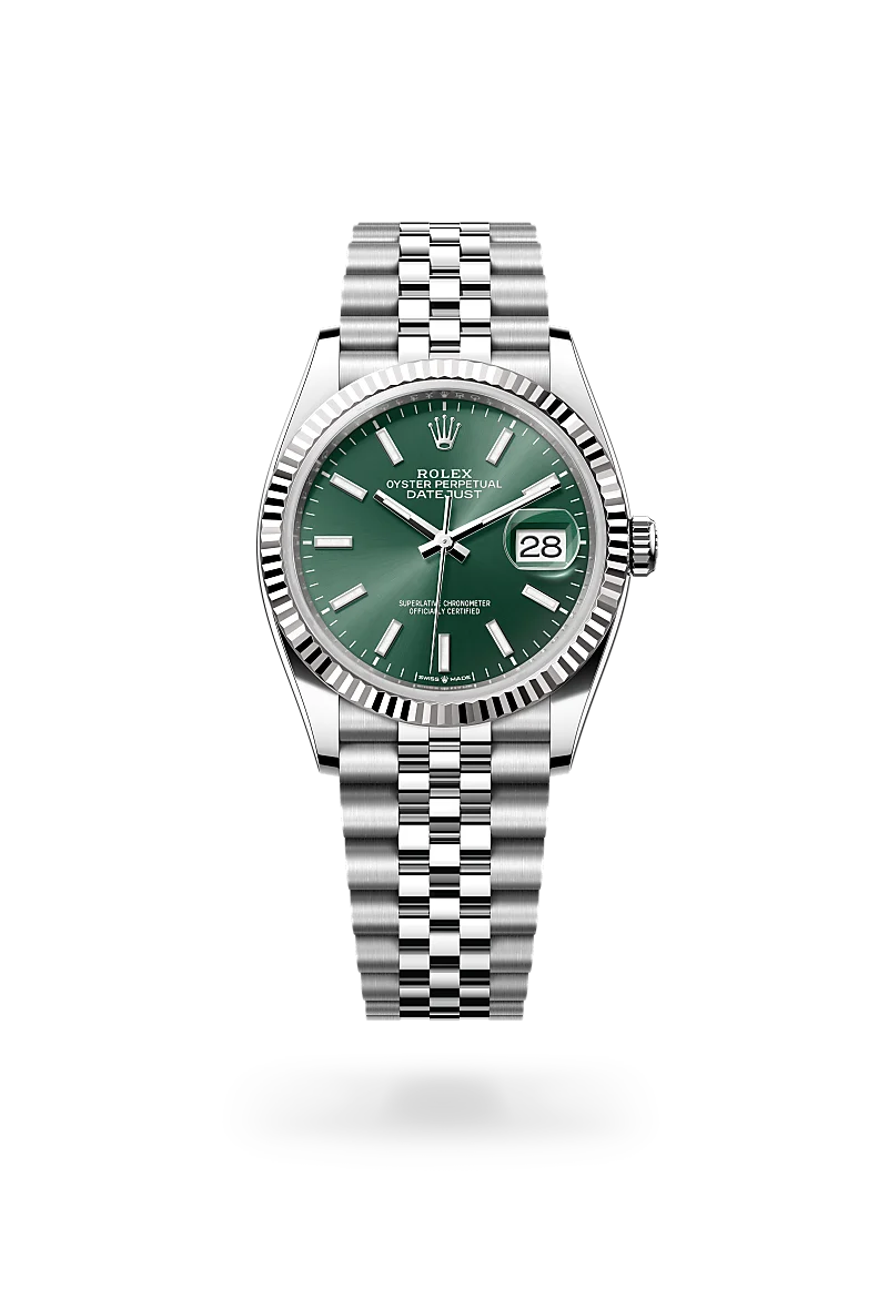 Rolex Oyster Perpetual Datejust wristwatch with green dial and date window, stainless steel Jubilee bracelet. | Brela