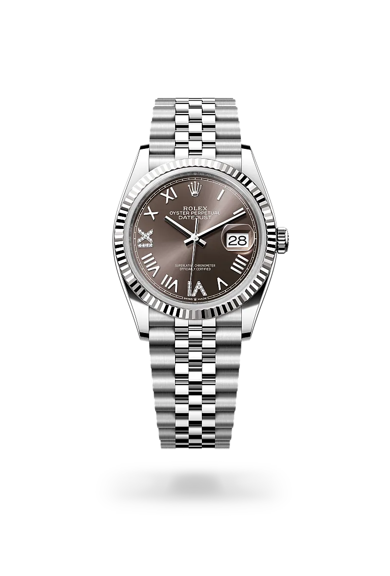 Rolex Oyster Perpetual Datejust wristwatch with brown dial, Roman numerals, date window at 3 o'clock, and a fluted bezel on a stainless steel Jubilee bracelet. | Brela