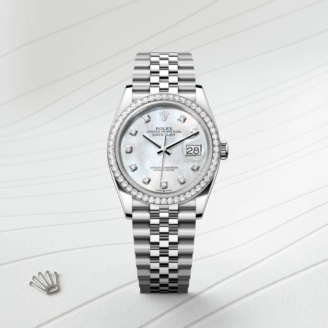 m126284rbr-0011-slide1 | Brela Rolex Datejust watch with a diamond bezel and mother-of-pearl dial on a silver Jubilee bracelet, date at 3 o'clock. | Brela