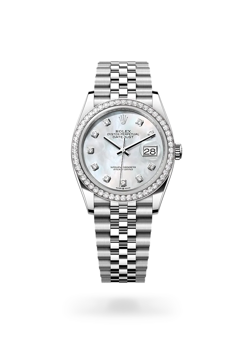 m126284rbr-0011-upright-landscape | Brela Rolex Oyster Perpetual Datejust wristwatch with a diamond-encrusted bezel, mother-of-pearl dial, diamond hour markers, and a Jubilee bracelet, shown on a black background. | Brela