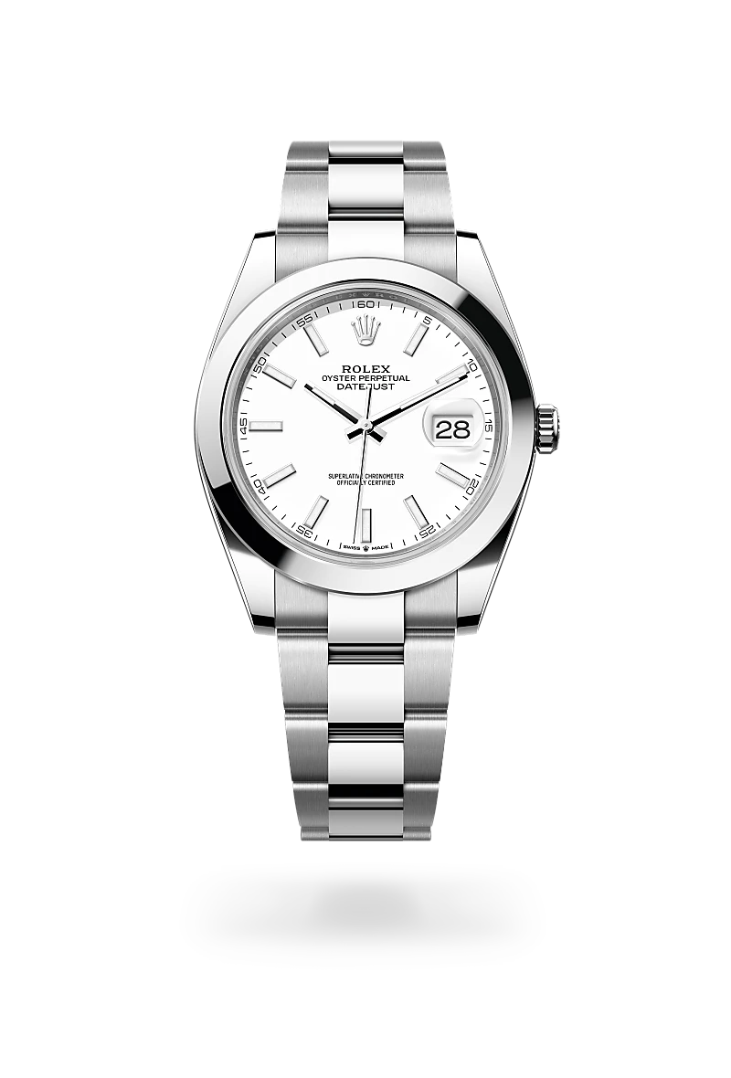 Stainless steel Rolex Oyster Perpetual Datejust wristwatch with white dial and date window at 3 o'clock. Includes a silver bracelet and polished bezel. | Brela