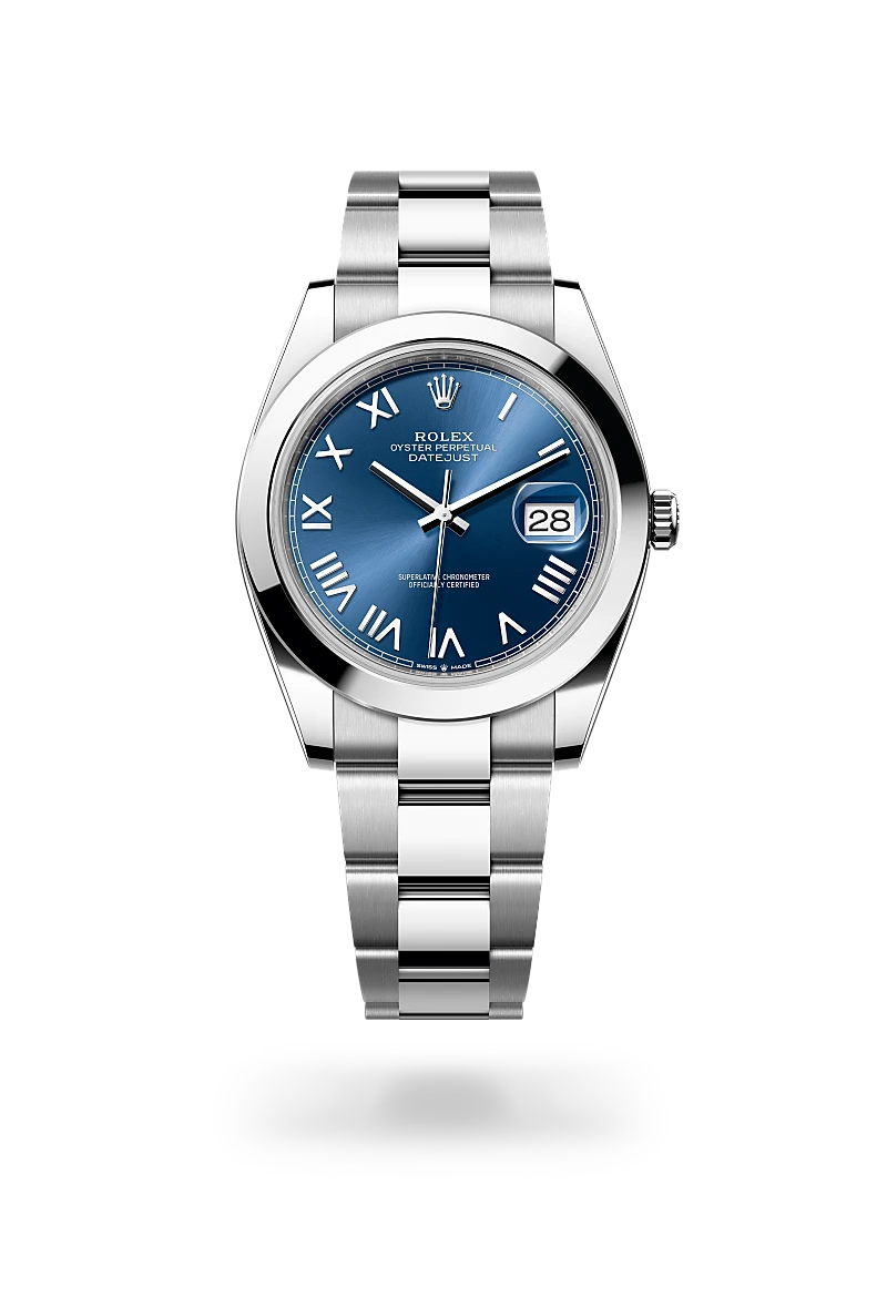 Stainless steel Rolex Oyster Perpetual Datejust wristwatch with a blue dial and date window at 3 o'clock. | Brela