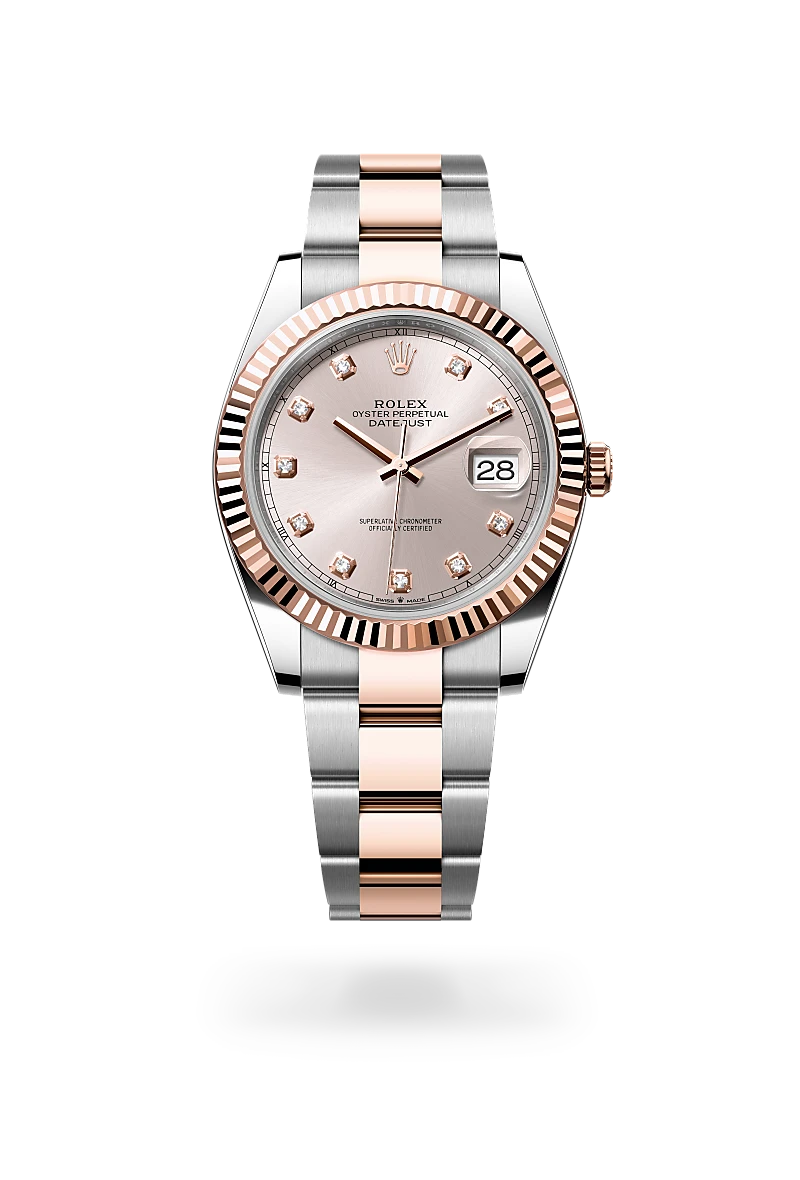 m126331-0007-upright-landscape | Brela Rolex Datejust two-tone watch with rose gold bezel and steel bracelet, champagne dial with diamond hour markers, and date display at 3 o'clock. | Brela