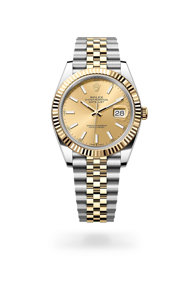 Two-tone Rolex Datejust wristwatch with gold bezel and champagne dial showing date at 3 o'clock (jubilee bracelet). | Brela