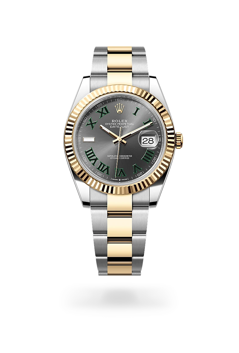 Rolex two-tone Datejust watch with green Roman numerals, gray dial, date window, and fluted gold bezel | Brela