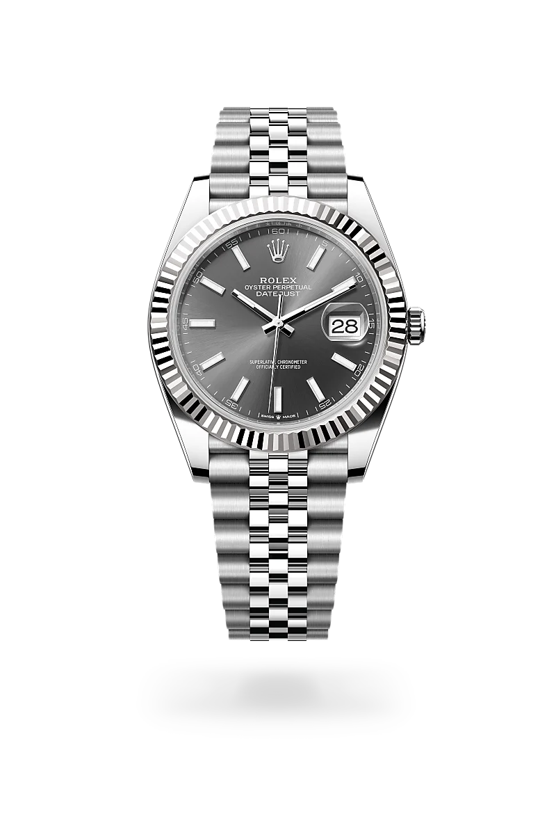 m126334-0014-upright-landscape | Brela Stainless steel Rolex Datejust wristwatch with grey dial and date window at 3 o'clock on a metal bracelet | Brela