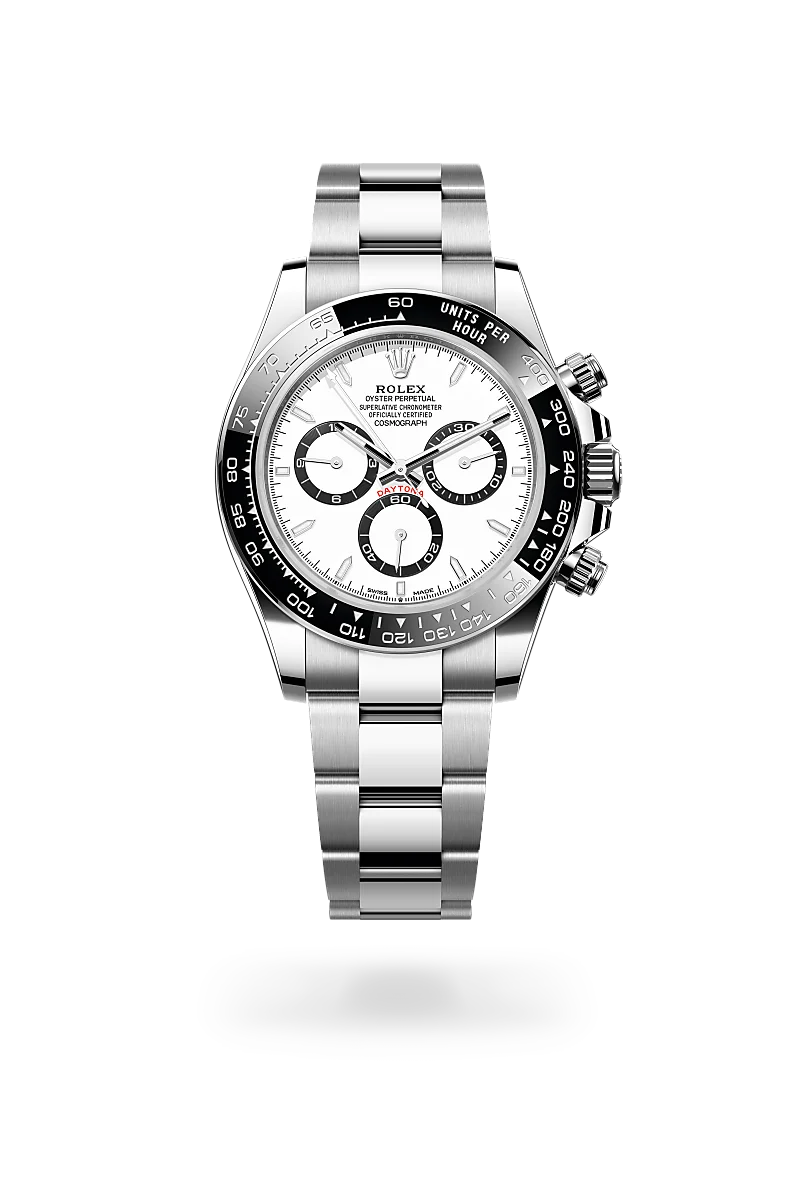 Stainless steel Rolex Daytona chronograph watch with white dial and black bezel, shown front-facing on a black background, bracelet visible | Brela