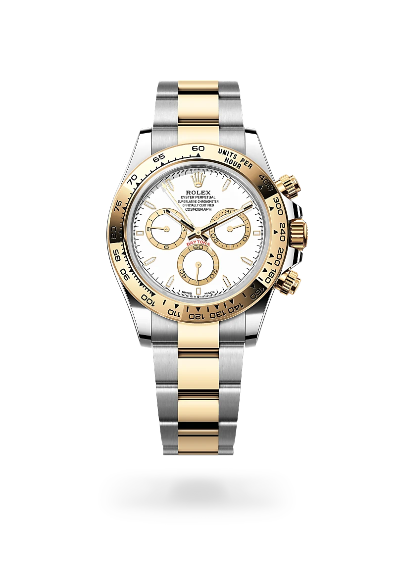 Two-tone Rolex Daytona wristwatch with a white dial, gold bezel, and steel-gold bracelet showing three subdials and crown guards | Brela