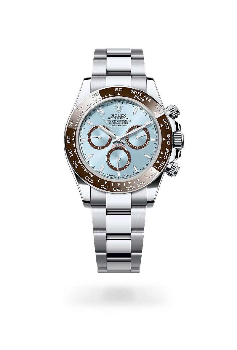 Rolex Daytona stainless steel chronograph with a light blue dial, brown tachymeter bezel, and three subdials against a black background | Brela