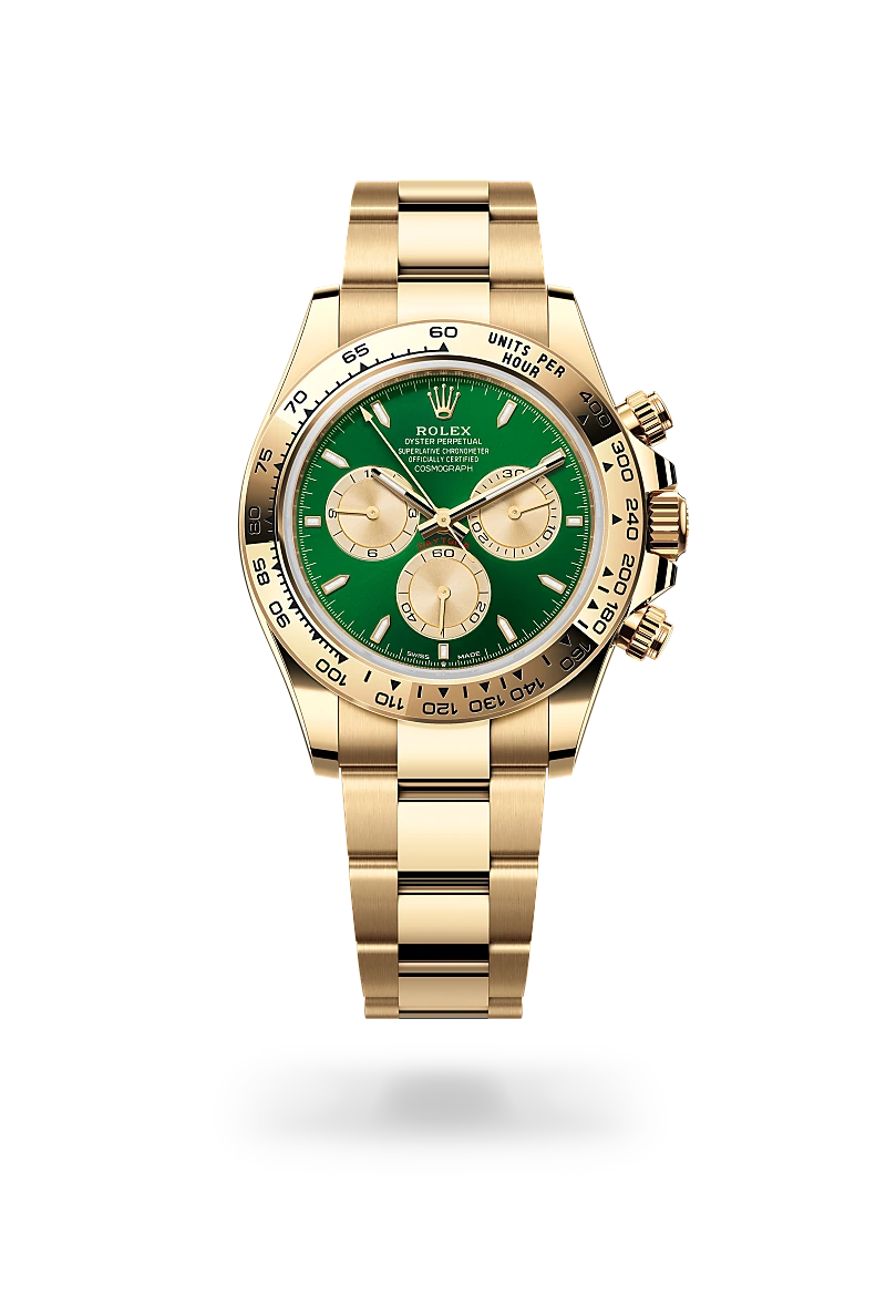 m126508-0008-upright-landscape | Brela Gold Rolex chronograph watch with green dial and three subdials, on a gold bracelet | Brela