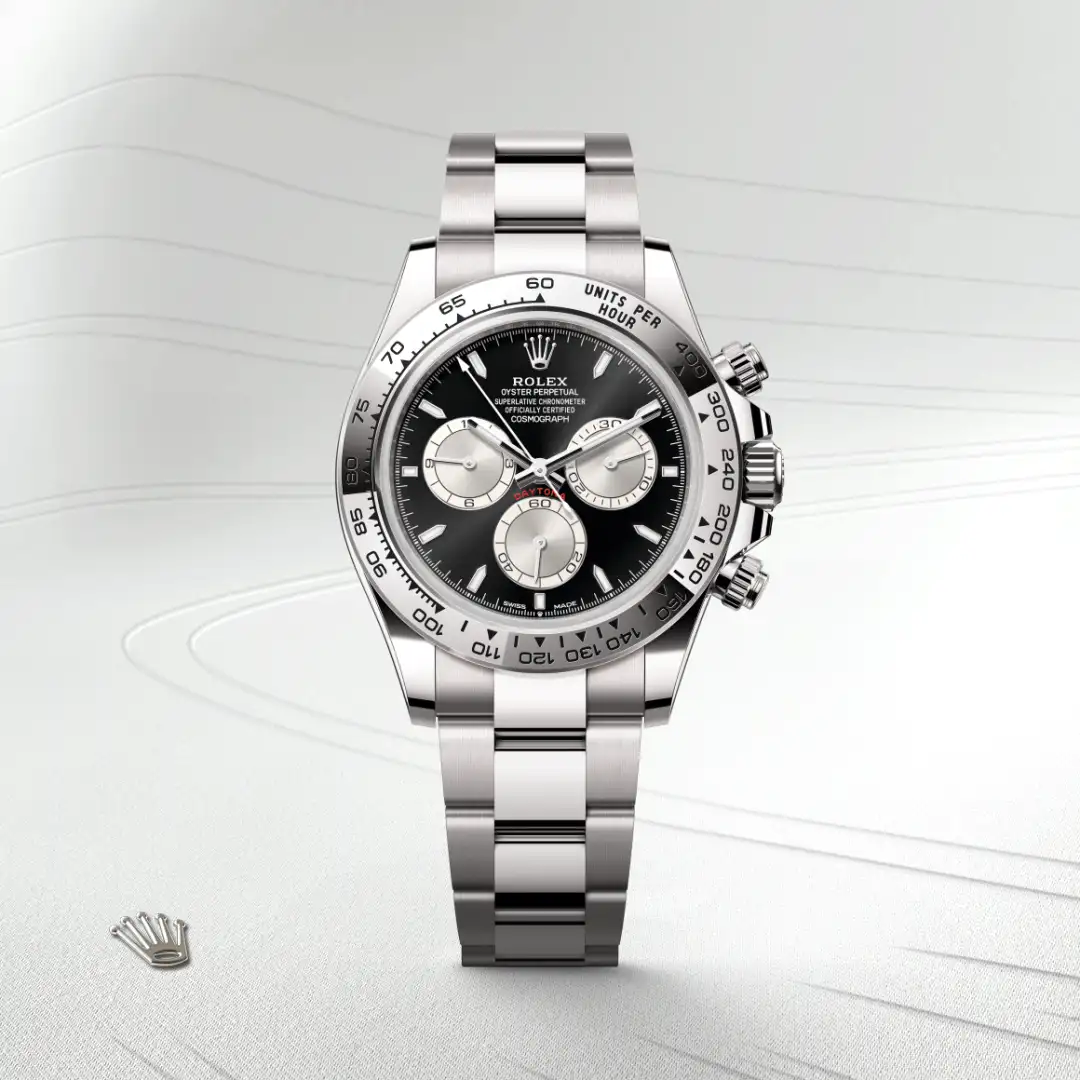 m126509-0001-slide1 | Brela Rolex Oyster Perpetual Cosmograph Daytona stainless steel chronograph with a black dial and three subdials on a light background | Brela