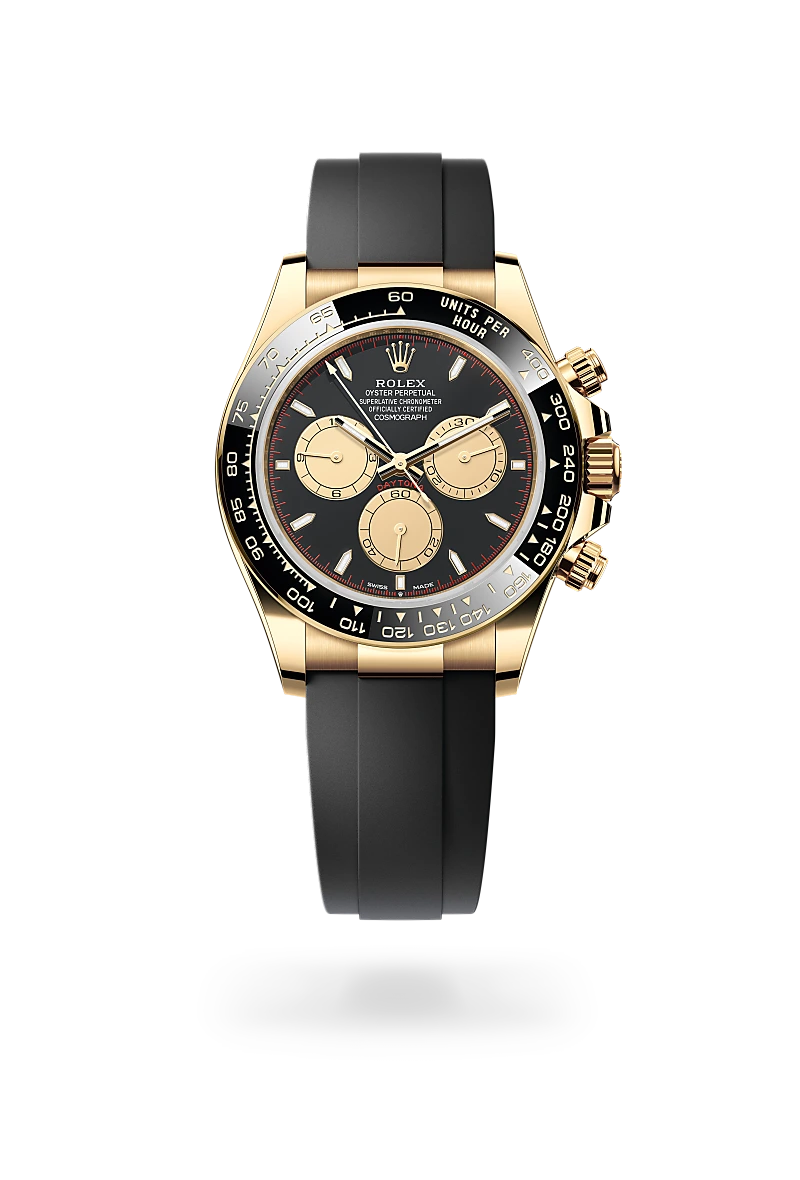 m126518ln-0004-upright-landscape | Brela Gold Rolex Daytona chronograph with black dial, three gold subdials, black bezel, and black rubber strap. | Brela