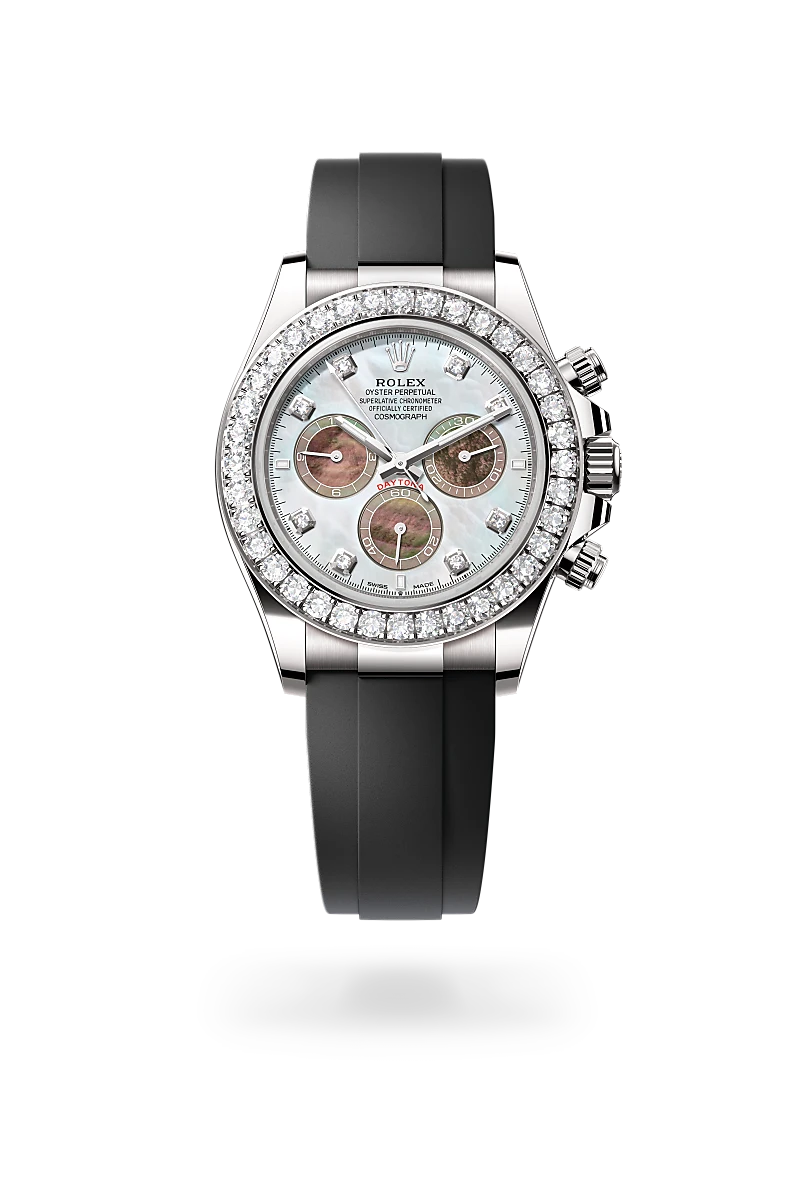 m126589rbr-0001-upright-landscape | Brela Rolex Daytona wristwatch with diamond-studded bezel, mother-of-pearl dial, and black rubber strap. | Brela