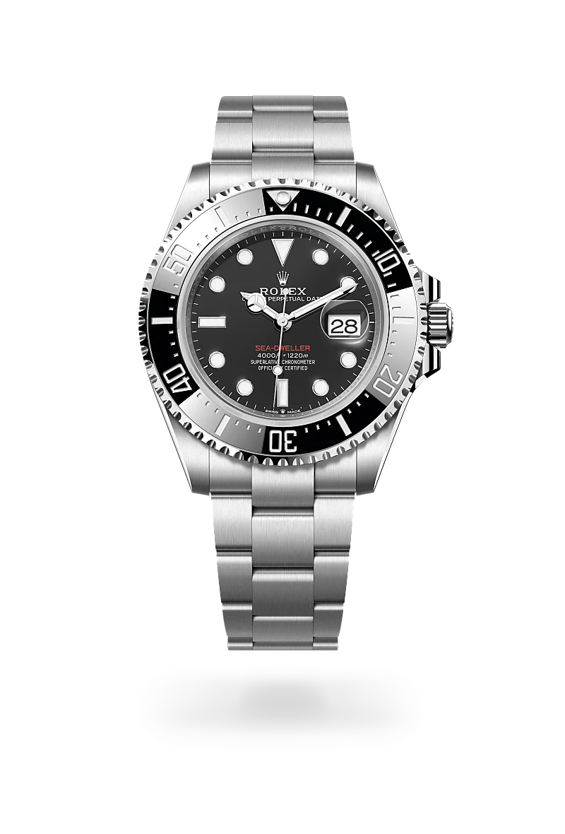 m126600-0002-upright-landscape | Brela Rolex Sea-Dweller stainless steel watch with black dial, date window at 3, and unidirectional bezel with silver markers. | Brela