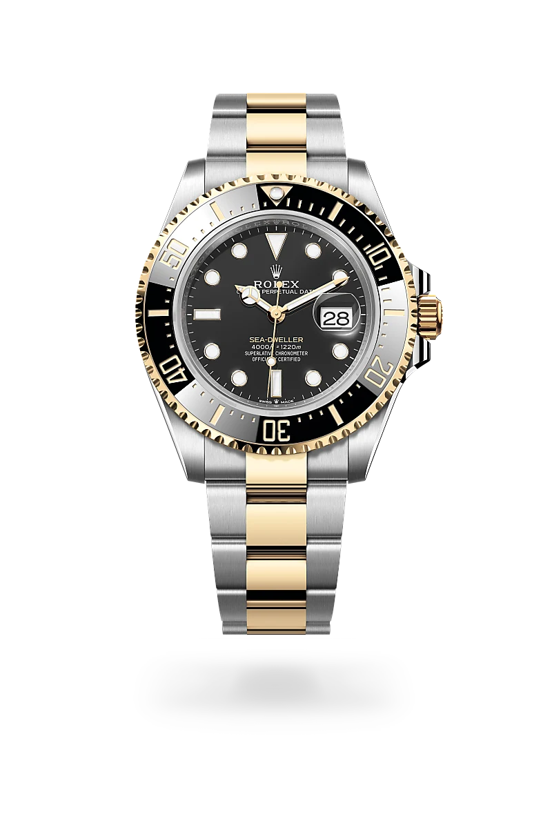 m126603-0001-upright-landscape | Brela Rolex Sea-Dweller two-tone watch with black dial, gold and stainless-steel bracelet, and date at 3 o'clock | Brela
