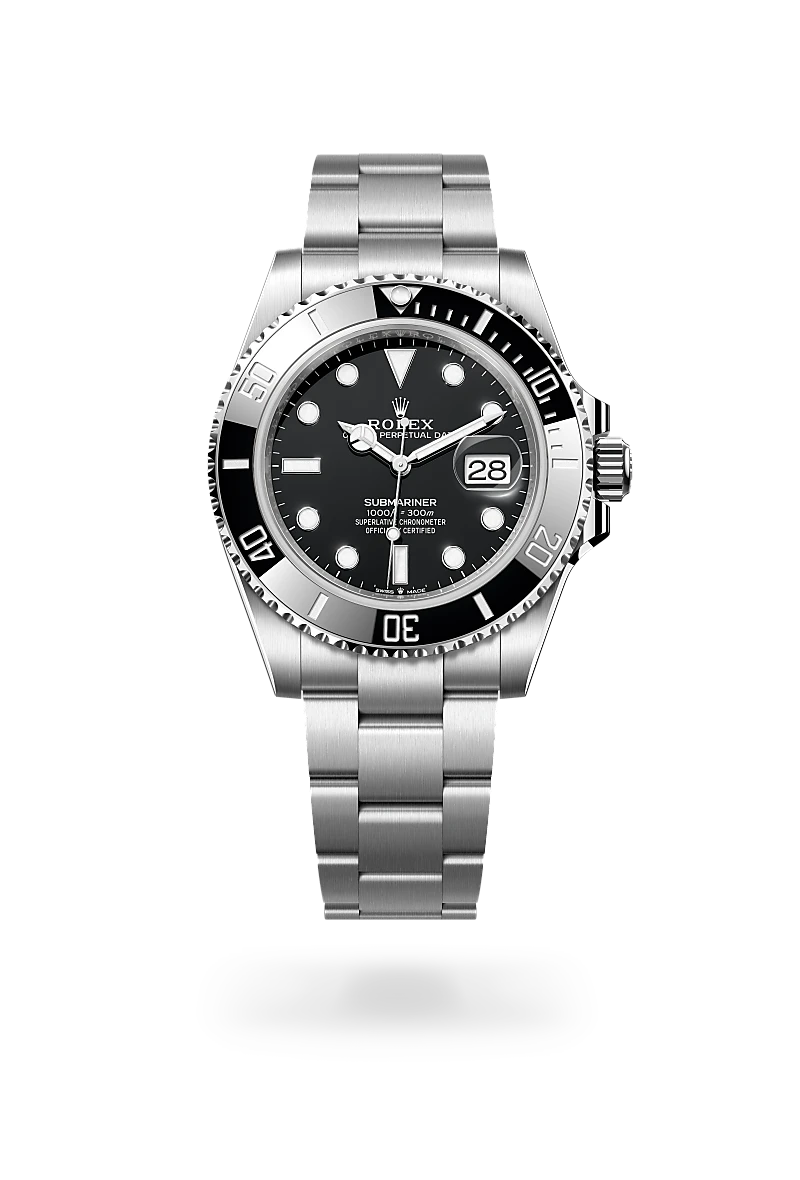 Rolex Submariner watch with black dial, date window at 3, and stainless steel bracelet and bezel in a close-up view | Brela