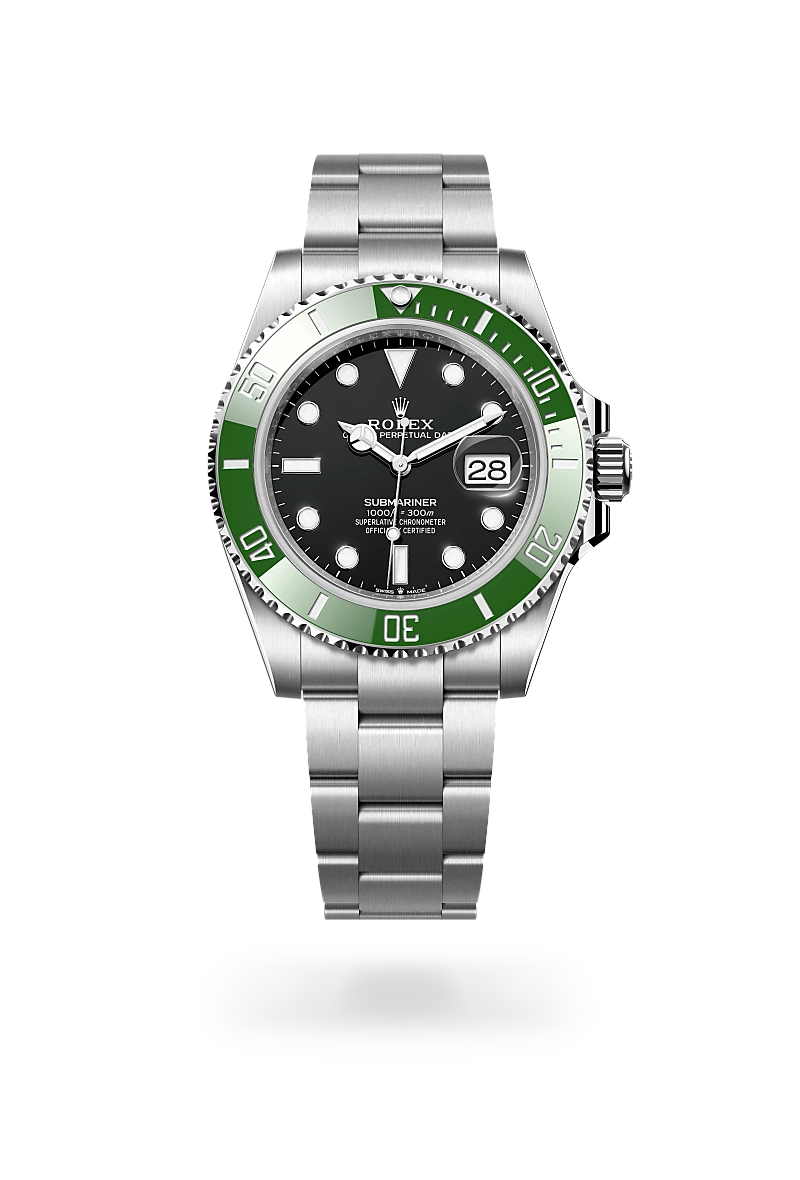 Rolex Submariner wristwatch with a black dial, green unidirectional bezel, stainless steel bracelet, and a date window at 3 o'clock. | Brela