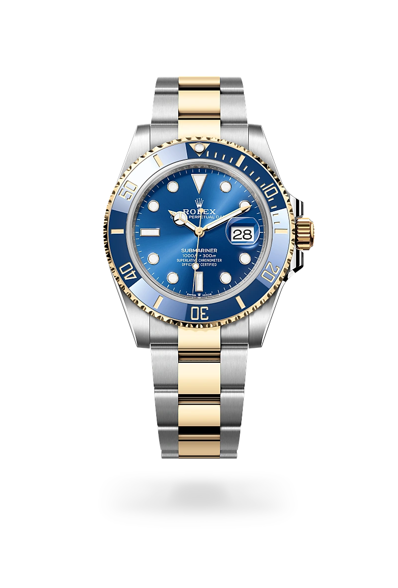 m126613lb-0002-upright-landscape | Brela Rolex Submariner two-tone stainless steel and gold watch with blue dial, bezel, and date window at 3 o'clock. | Brela