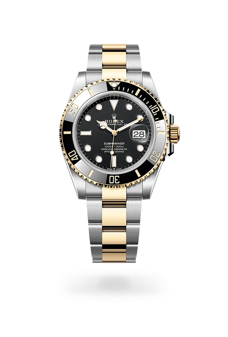 Two-tone Rolex Submariner watch with a black dial, date window, and gold-and-silver bracelet. | Brela