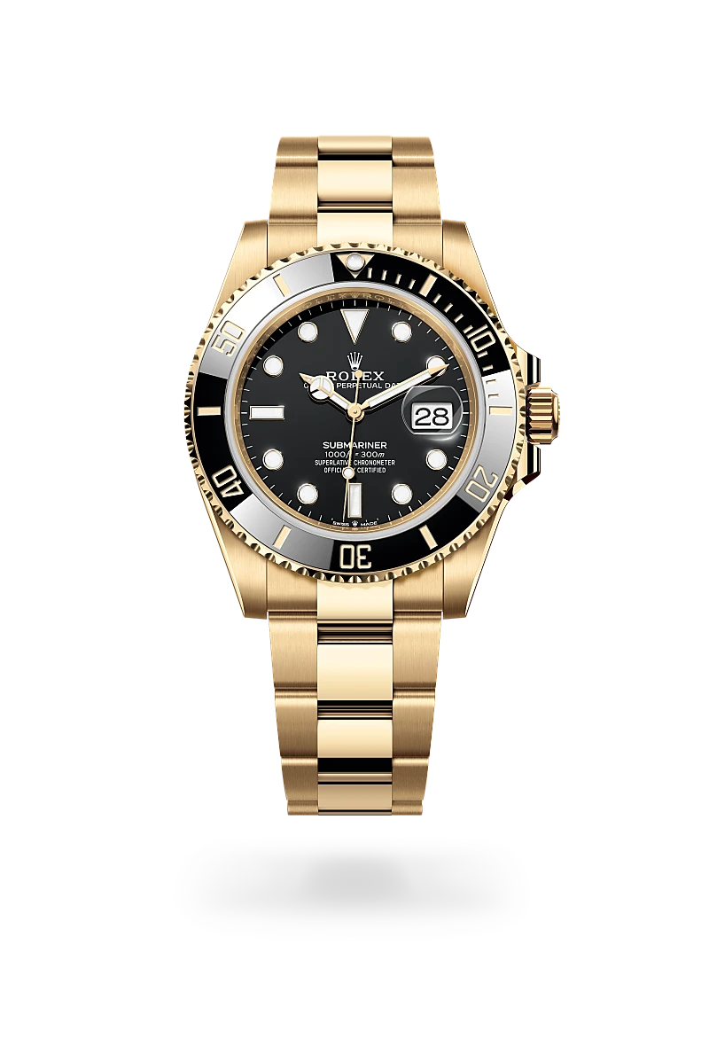 m126618ln-0002-upright-landscape | Brela Gold Rolex Submariner wristwatch with black dial and date window | Brela