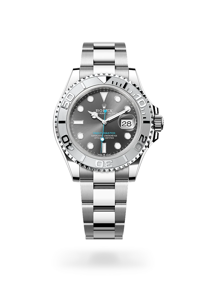 m126622-0001-upright-landscape | Brela Rolex Yacht-Master stainless steel watch with grey dial and date window at 3 o'clock | Brela