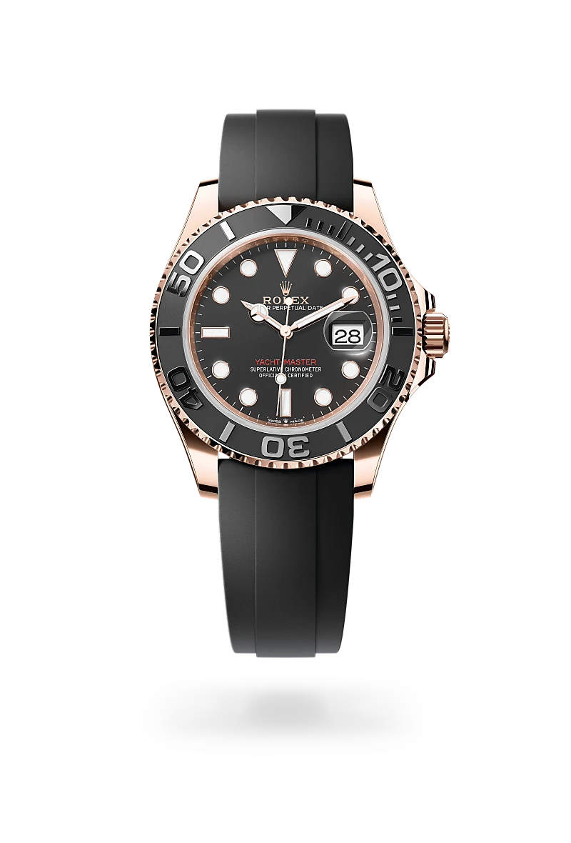 m126655-0002-upright-landscape | Brela Rolex Yacht-Master watch with black dial, rose gold case, black bezel, and black rubber strap. | Brela