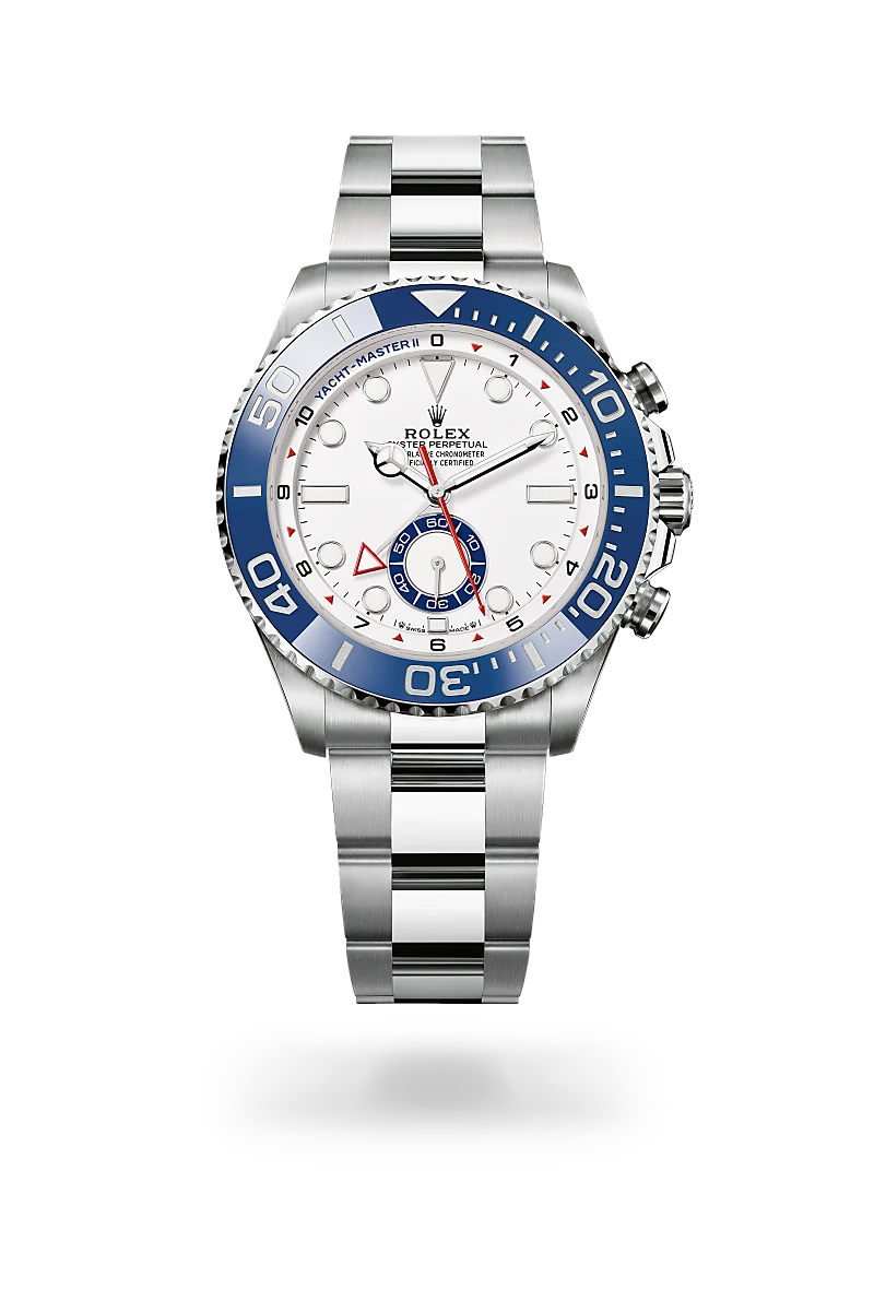 Rolex Oyster Perpetual Yacht-Master II stainless steel watch with white dial and blue bezel. | Brela