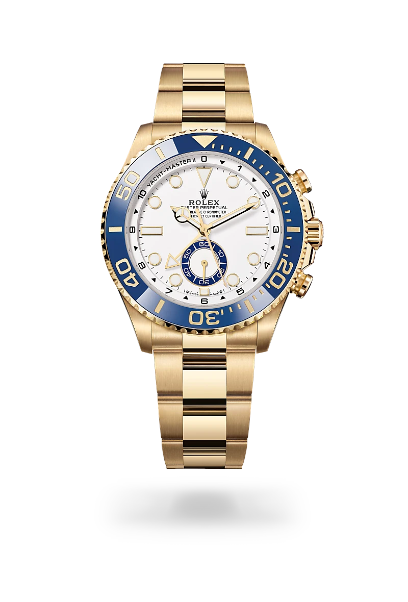Gold Rolex wristwatch with a blue bezel, white dial, and polished gold bracelet. | Brela