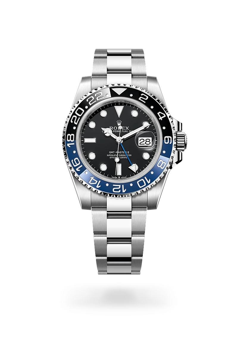 m126710blnr-0003-upright-landscape | Brela Rolex GMT‑Master II watch with black dial, blue and black bezel, and stainless steel bracelet showing date at 3 o'clock | Brela