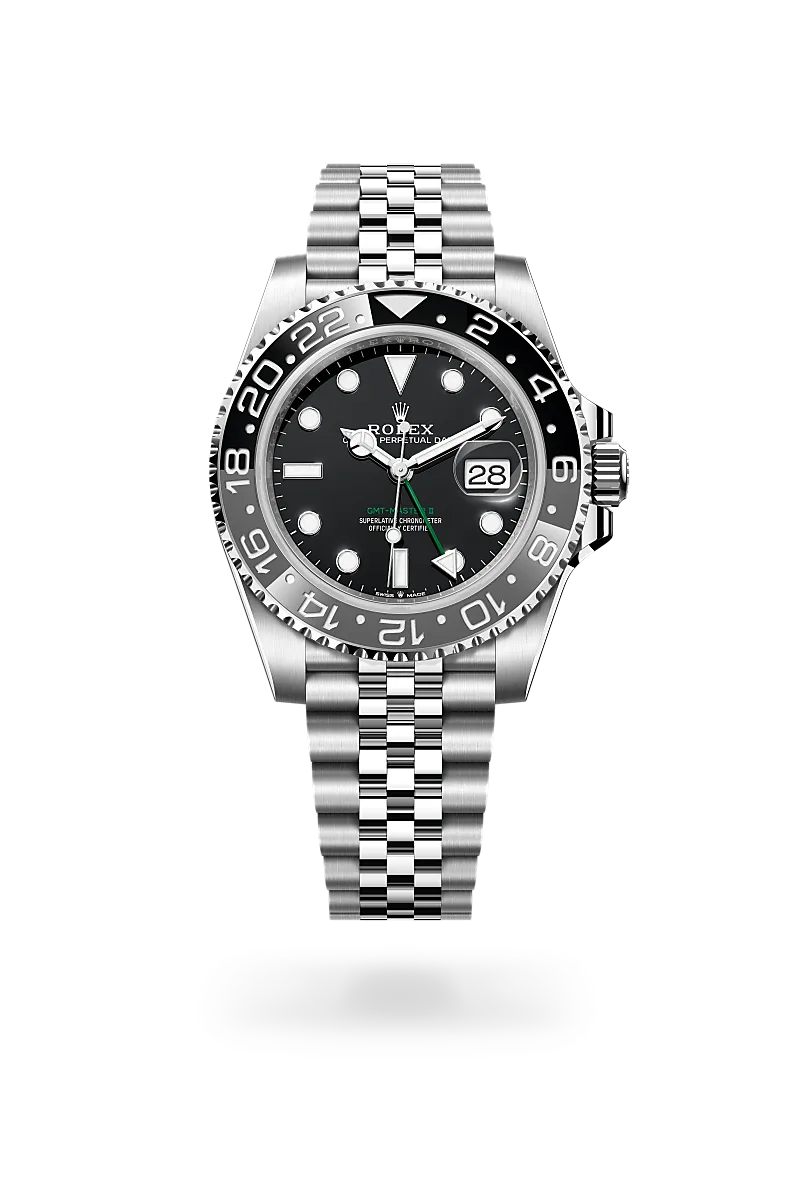 m126710grnr-0003-upright-landscape | Brela Stainless steel Rolex GMT‑Master II watch with a black dial, date window at 3 o'clock, and a 24‑hour bezel on a Jubilee bracelet | Brela