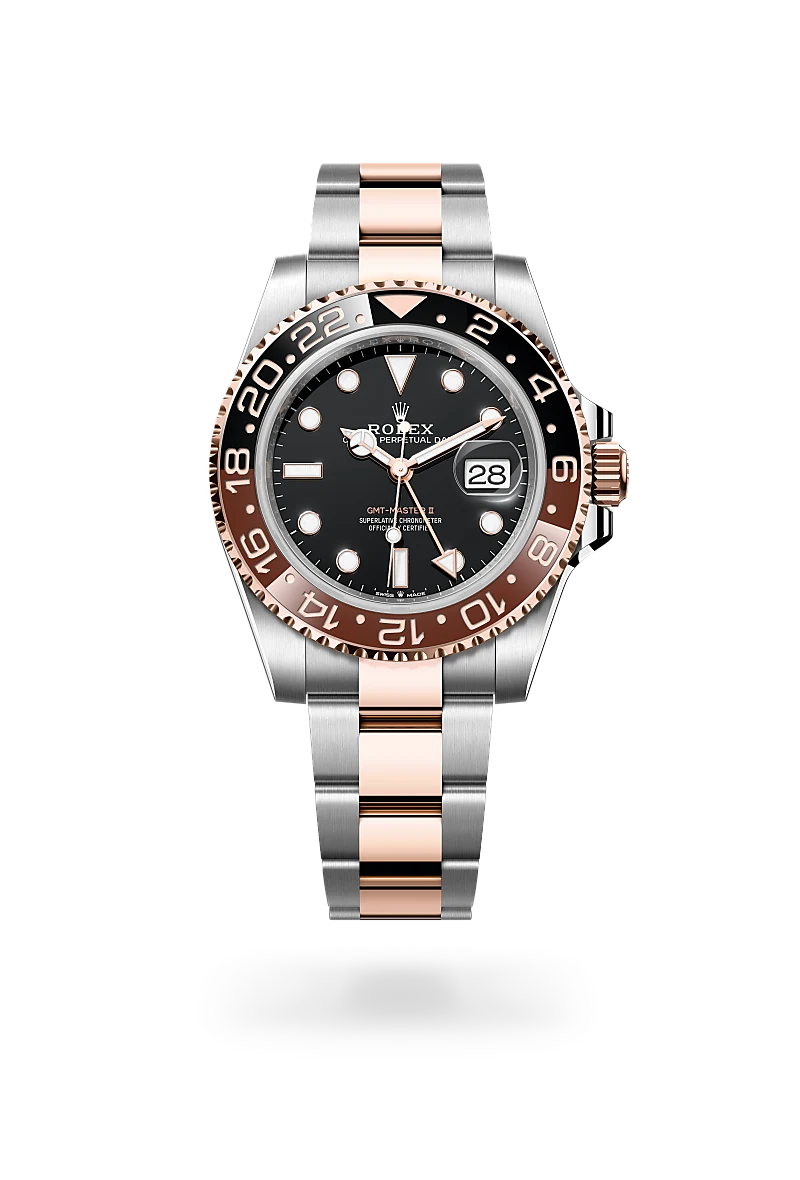 m126711chnr-0002-upright-landscape | Brela Two-tone Rolex GMT-Master II watch with a black dial, rose gold and steel bracelet, and date display at 3 o'clock. | Brela