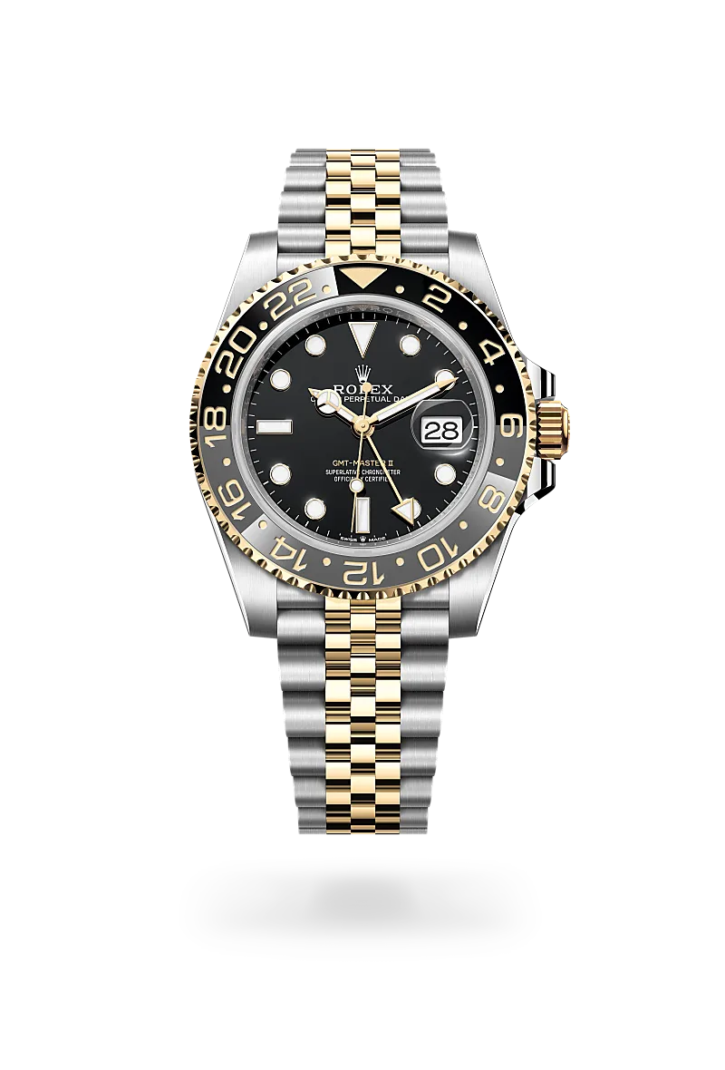 Two-tone Rolex GMT-Master II watch with black dial, gold and steel bracelet, and date window at 3 o'clock on a black background. | Brela