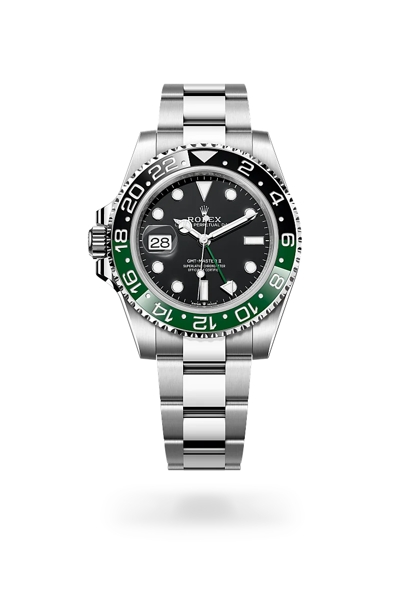 m126720vtnr-0001-upright-landscape | Brela Rolex GMT-Master II stainless steel watch with black dial and green 24-hour bezel showing date at 3 o'clock | Brela