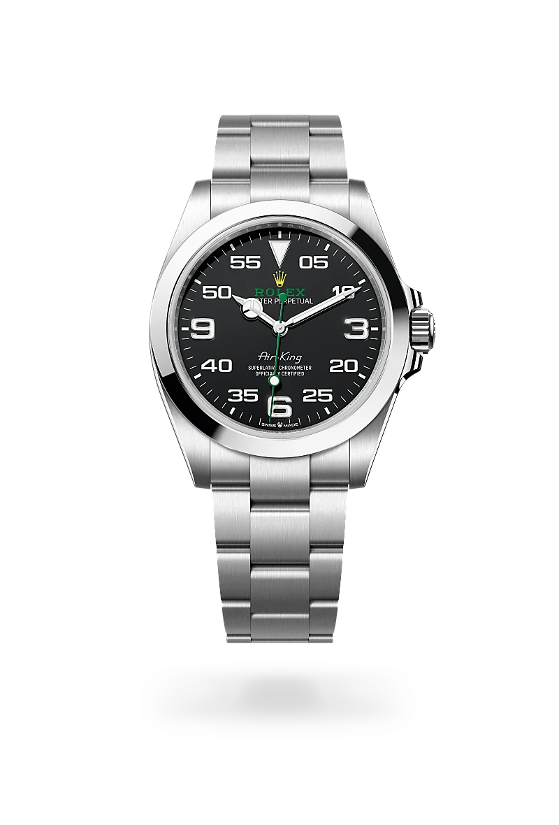 m126900-0001-upright-landscape | Brela Rolex Air-King stainless steel wristwatch with black dial, white numerals, and green Rolex crown logo on a brushed bracelet | Brela
