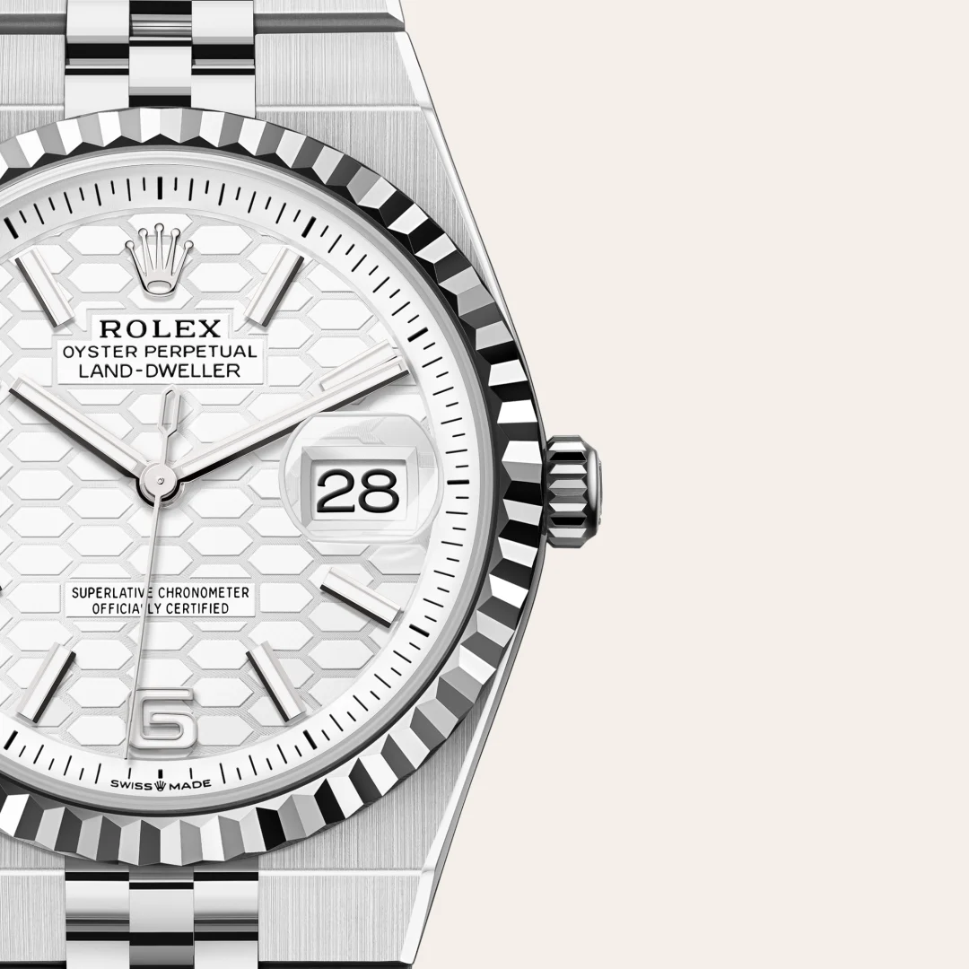 m127234-0001-slide3 | Brela Close-up of a silver Rolex Oyster Perpetual Land-Dweller watch face with date 28 and a honeycomb-pattern dial. | Brela