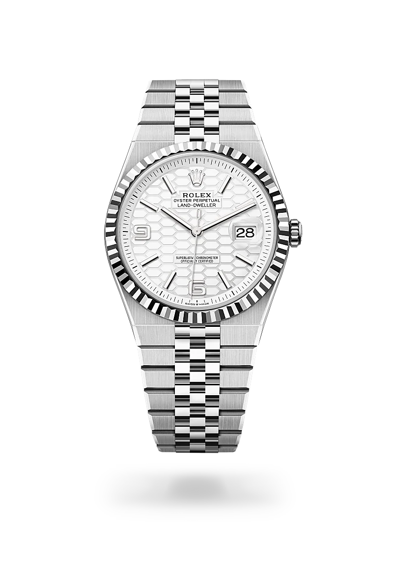 m127334-0001-upright-landscape | Brela Rolex Oyster Perpetual Land-Dweller stainless steel watch with fluted bezel and date window at 3 o'clock | Brela