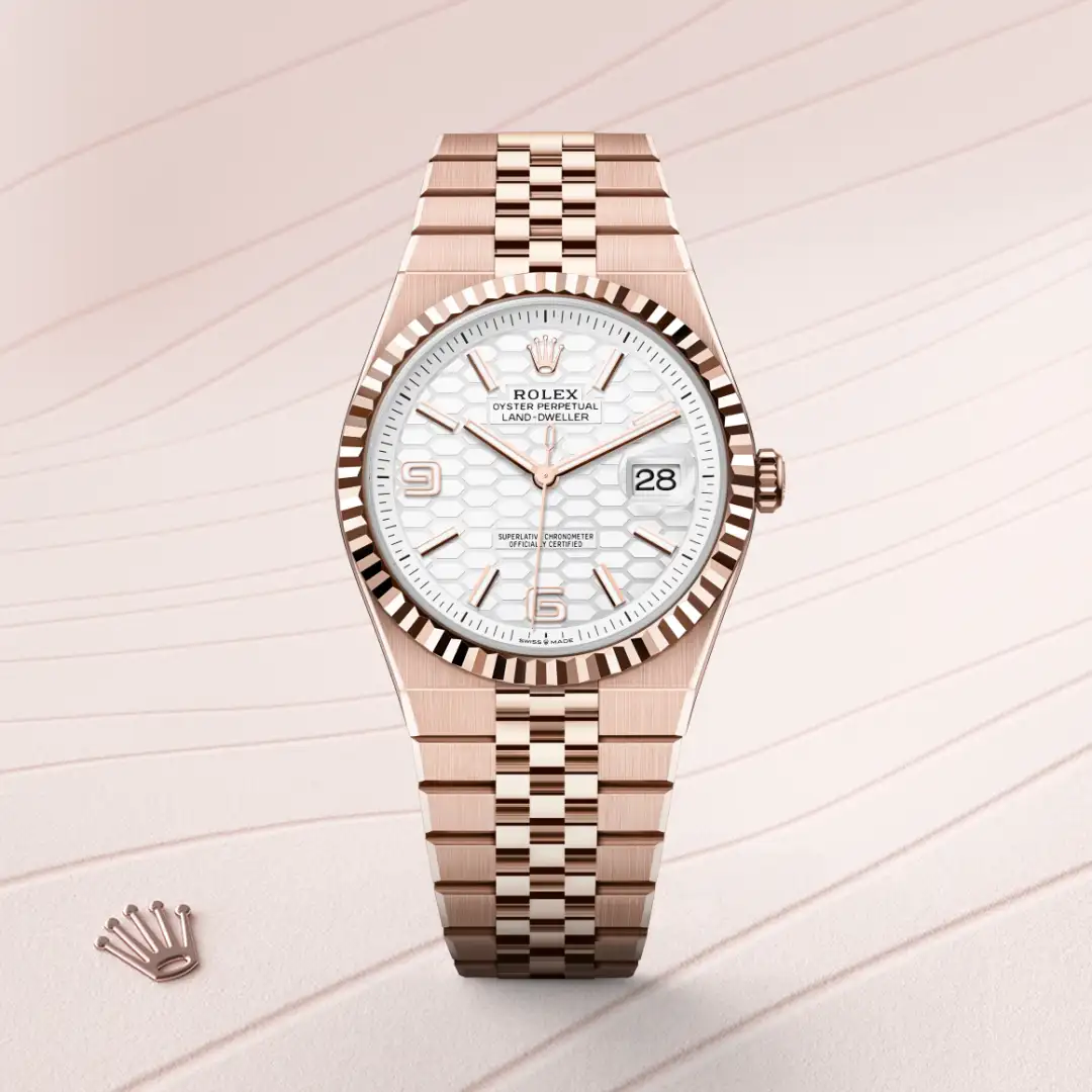 m127335-0001-slide1 | Brela Rose gold Rolex watch with a white patterned dial, date window at 3 o'clock, and a brushed bracelet on a pale background. | Brela